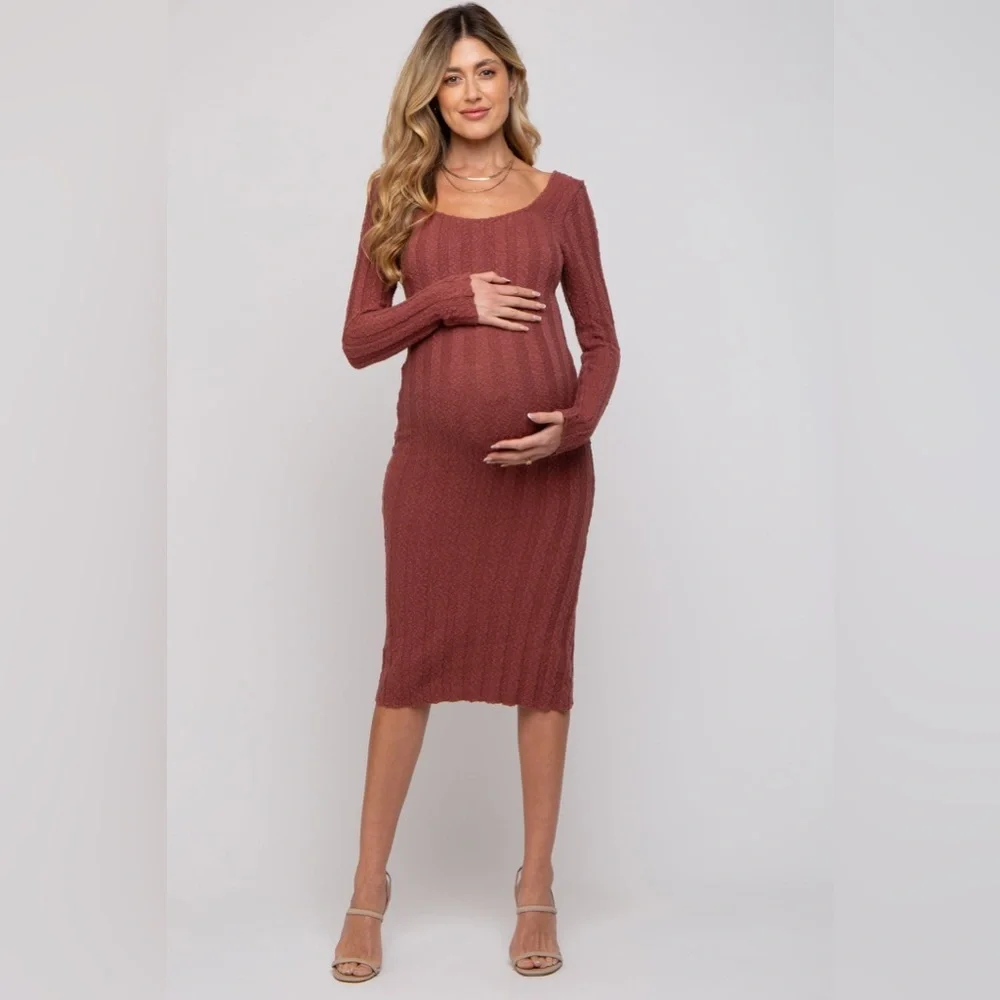 Pinkblush texture ribbed long sleeve bodycon midi dress nwt